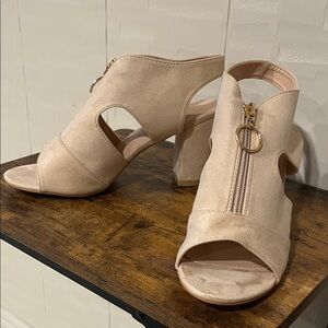 Allegra K Cream Peep-Toe Heels with Zipper